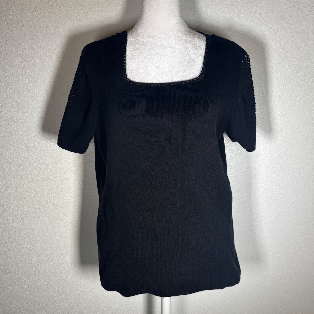 Black Knit Vintage Cotton Square Neck Crochet Detail Top Large Witchy Whimsigoth